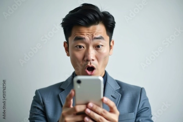 Fototapeta Man is looking at his cell phone while making surprised face