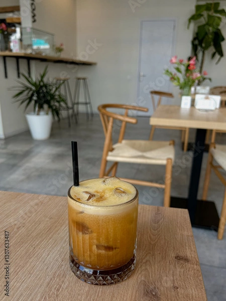Fototapeta A glass of iced coffee with a frothy top and a black straw sits on a wooden table in a modern cafe with wooden chairs, plants, and minimal decor