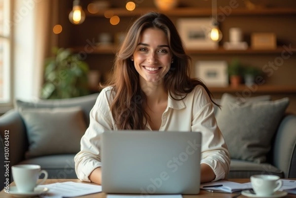 Fototapeta Woman is smiling while working on her laptop at table