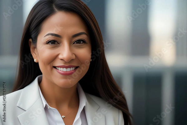 Fototapeta A high-resolution portrait of a confident, smiling professional woman in business attire against a soft, gradient background, conveying modern corporate diversity and empowerment