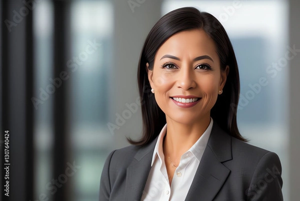 Fototapeta A high-resolution portrait of a confident, smiling professional woman in business attire against a soft, gradient background, conveying modern corporate diversity and empowerment