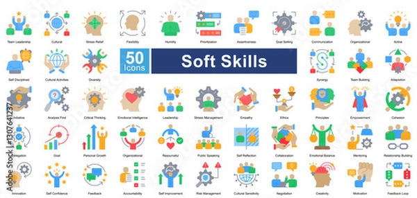 Fototapeta Soft Skills icon set in flat style, featuring 50 icons of communication, leadership, adaptability, and teamwork. Perfect for HR, personal development, and career growth.