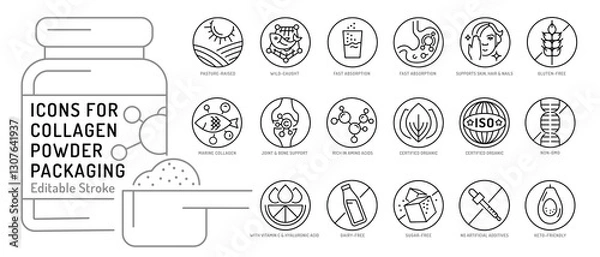 Fototapeta Collagen line icon set. Connective tissue protein pictogram.