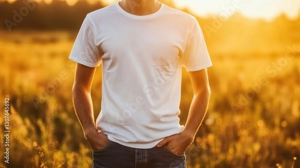 Obraz Casual Fashion. Man in White T-Shirt Standing in Golden Sunlight Field with Hands in Pockets