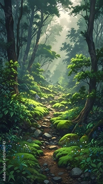 Fototapeta Sunlit Forest Path: A Tranquil Walk in Nature