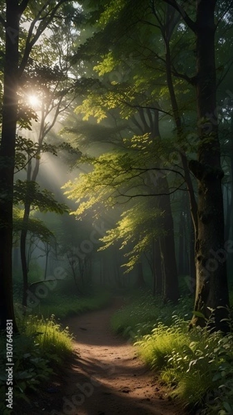 Fototapeta Sunlit Forest Path: A Tranquil Walk in Nature