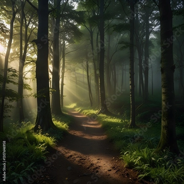 Fototapeta Sunlit Forest Path: A Tranquil Walk in Nature