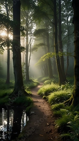 Fototapeta Sunlit Forest Path: A Tranquil Walk in Nature