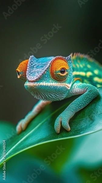 Obraz A tiny chameleon baby perched on a green leaf, its vibrant colors blending with the background