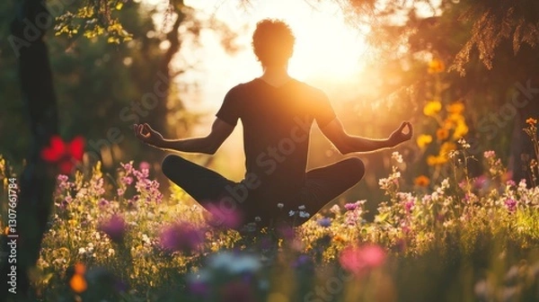 Fototapeta A group of men transitioning between yoga poses in a sunlit meadow, faces full of joy 