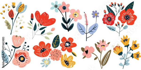 Fototapeta A vibrant hand-drawn floral vector set, perfect for cards, prints, packaging, scrapbooking, and web design