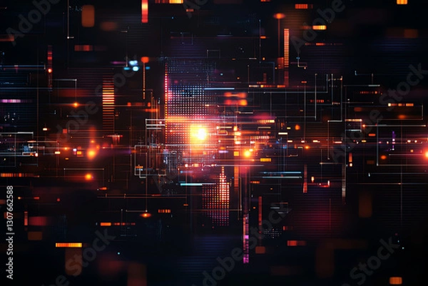 Obraz Abstract background with glitch effect and neon colors, featuring bright lights and digital patterns. This vibrant design evokes sense of technology and innovation