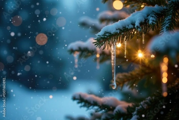 Fototapeta Sparkling icicles hanging from the Christmas tree, shine, sparkle, ice