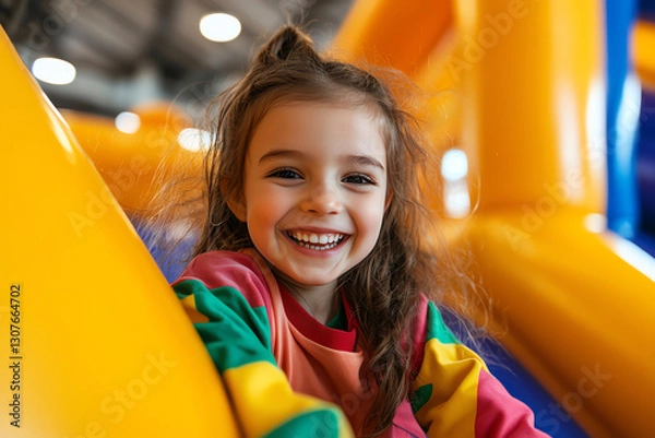 Fototapeta joyful girl in colorful pajamas smiles brightly while sliding down vibrant inflatable slide, capturing essence of fun and playfulness in lively indoor setting