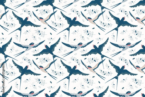Fototapeta Seamless pattern with graceful swallows in flight and twigs with leaves. Gray, dark blue, coral, beige colors.
For textiles, fashion, wallpaper, wrapping paper, notebooks.