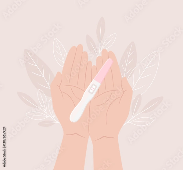 Fototapeta Female hands holding a positive pregnancy test in open palms, top view. Flat vector illustration