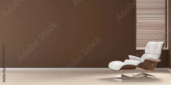 Fototapeta Modern interior design with white lounge chair against brown wall. minimalist style creates calm and inviting atmosphere, perfect for relaxation