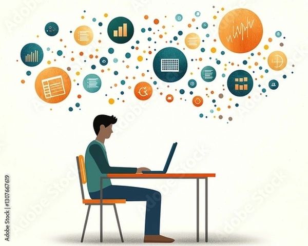 Fototapeta virtual learning, e learning, digital study, A student sitting at a desk with a laptop, engaging in an interactive e learning session with visual elements like graphs, charts, quizzes floating around.