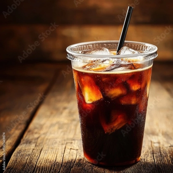 Obraz Refreshing iced drink served in clear cup with ice cubes.