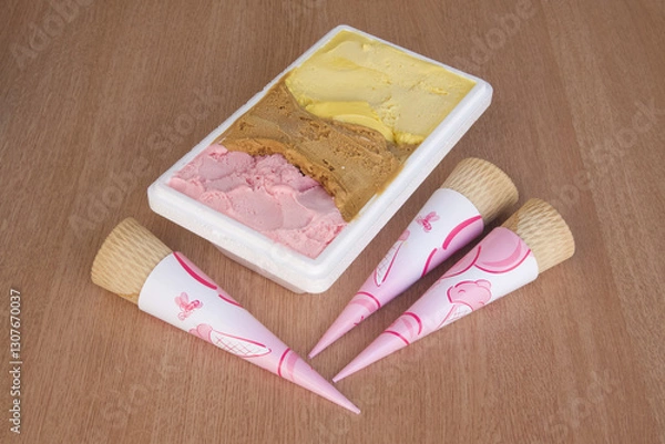 Obraz A box of ice cream cones with pink cones