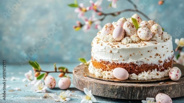Fototapeta Delightful easter cake adorned with pastel eggs and spring blossoms on rustic wooden stand