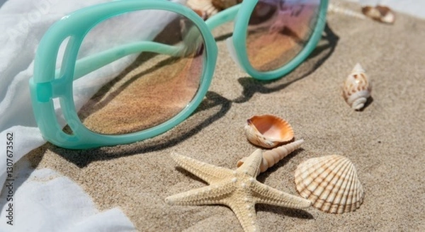 Fototapeta Sunglasses on sandy beach with seashells and starfish