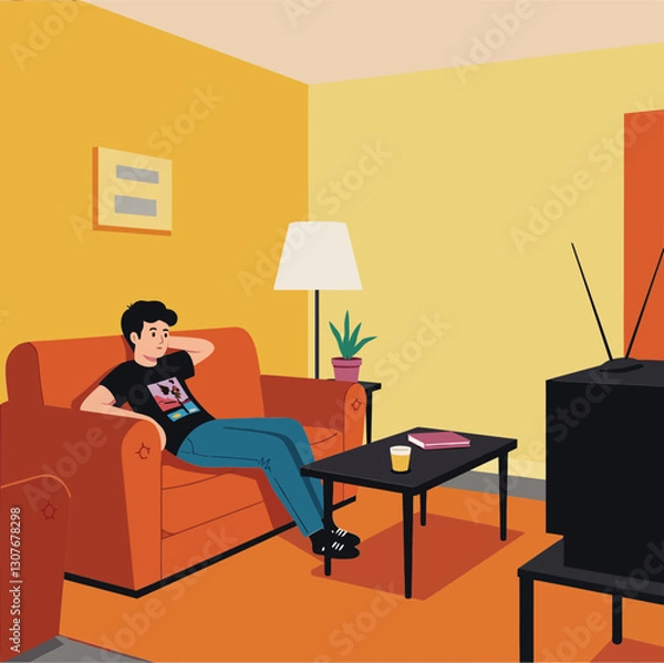 Fototapeta A relaxed man watching television in a cozy living room with vibrant colors flat vector art