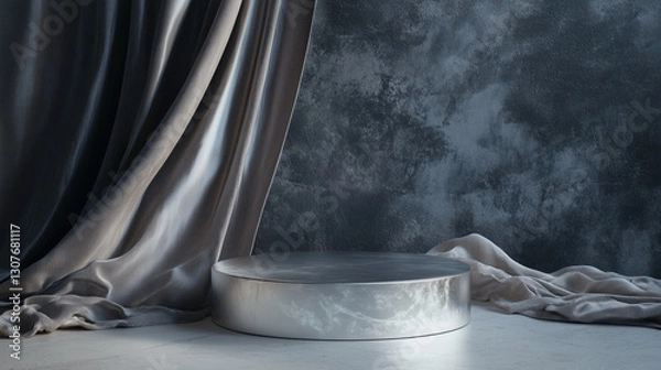 Fototapeta A Podium with a Metallic Silky black grey surface Finish, Luxurious Setting with Satin Fabric Draped in the Background and Soft Warm Lighting, Jewelry or Fashion Accessories copy space