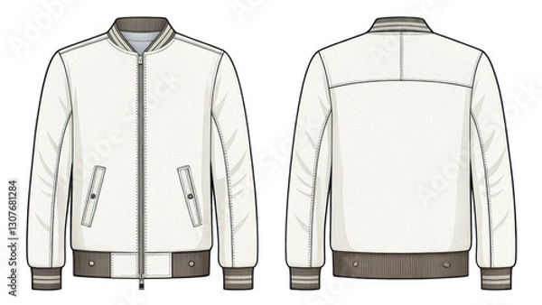 Obraz White Bomber Jacket Flat Sketch, Front and Back View, Isolated on Transparent Background, Apparel Design, Fashion Illustration, jacket, apparel, fashion