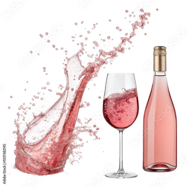 Fototapeta Rose Wine Splash Bottle, Glass, and Wave Isolated on Transparent Background, Rose Wine, Drink, Beverage
