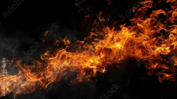 Fototapeta Fire flames are captured in extreme close-up, with a black background for isolation