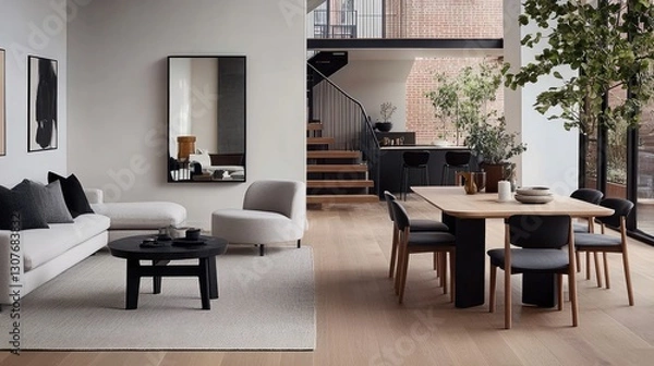 Fototapeta A large white-washed mirror leans against the wall in a stylish, empty living room with grey flooring and white walls