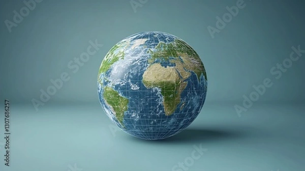 Fototapeta Detailed Earth globe subtly illuminated soft blue background. AI Generated