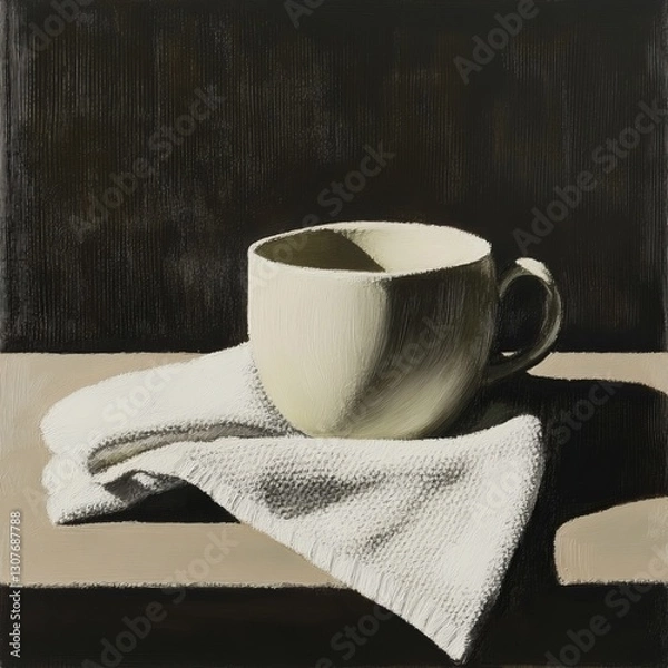 Obraz A cozy scene featuring a cup placed next to a soft towel, creating a warm and comforting atmosphere.