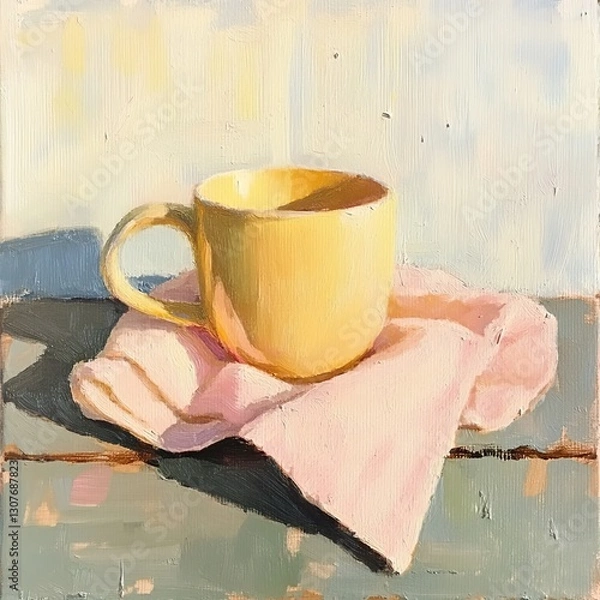 Obraz A cozy scene featuring a cup placed next to a soft towel, creating a warm and comforting atmosphere.