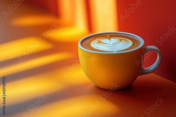 Fototapeta Beautiful latte art in a yellow cup on a warm orange surface in bright natural light