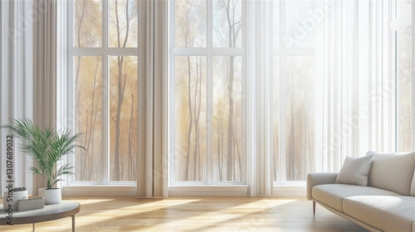 Fototapeta Minimalist interior with soft natural light filtering through curtains, creating serene living space with elegant sofa and indoor plant, embodying contemporary home design.