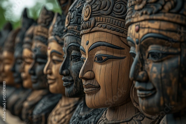 Obraz Wooden carvings of ancient gods and goddesses showcase intricate details and craftsmanship, reflecting cultural heritage and artistry