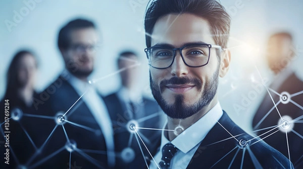 Fototapeta A visionary entrepreneur managing a group of professionals with thin, strategic lines linking them, representing business control, networking, and structured teamwork.
