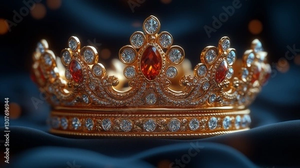 Fototapeta Elegant Gold Crown with Sparkling Gems on Satin Fabric