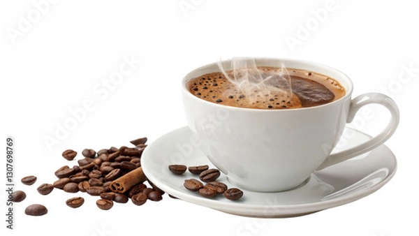 Fototapeta Steaming Coffee Cup with Beans and Cinnamon Stick, Isolated on Transparent Background, Coffee Beans, Hot Drink, Coffee, Beverage, Aromatic