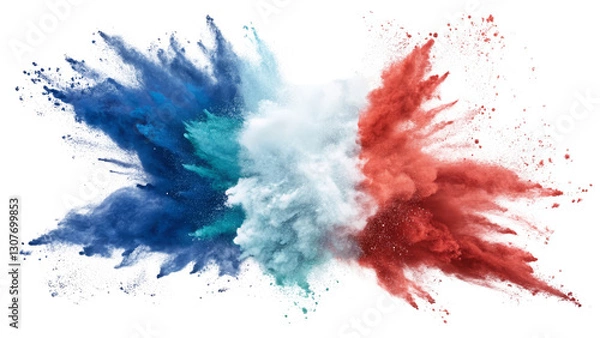 Fototapeta Abstract Red, White, and Blue Powder Explosion Isolated on Transparent Background, Color Burst, Holi Festival, Color explosion, powder paint, design element