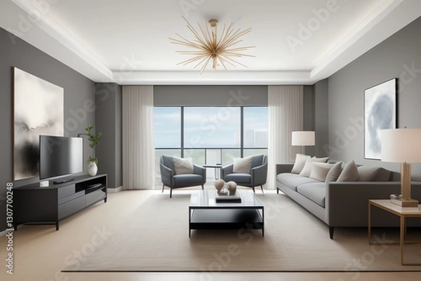 Fototapeta An elegant, contemporary living room with modern furnishings, abstract art, and natural light accentuating a clean, luxurious design—perfect for interior design and lifestyle projects