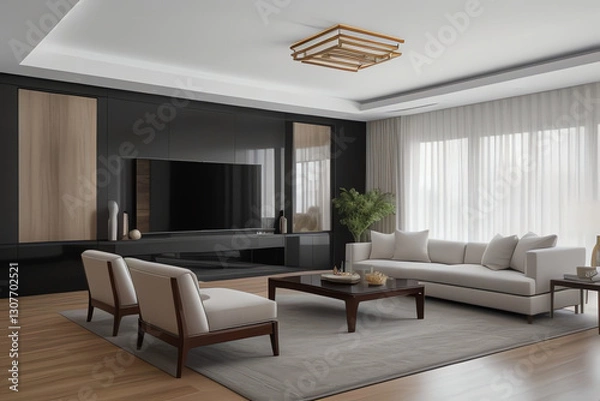 Fototapeta An elegant, contemporary living room with modern furnishings, abstract art, and natural light accentuating a clean, luxurious design—perfect for interior design and lifestyle projects