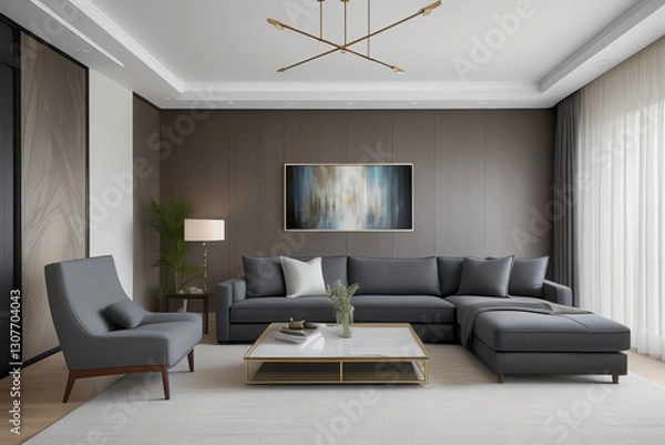 Obraz An elegant, contemporary living room with modern furnishings, abstract art, and natural light accentuating a clean, luxurious design—perfect for interior design and lifestyle projects