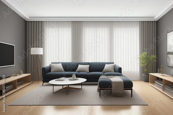 Fototapeta An elegant, contemporary living room with modern furnishings, abstract art, and natural light accentuating a clean, luxurious design—perfect for interior design and lifestyle projects