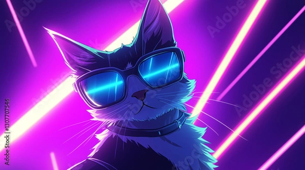 Fototapeta Modern cat with stylish shades and sharp neon beams, combining cool attitude with futuristic flair.