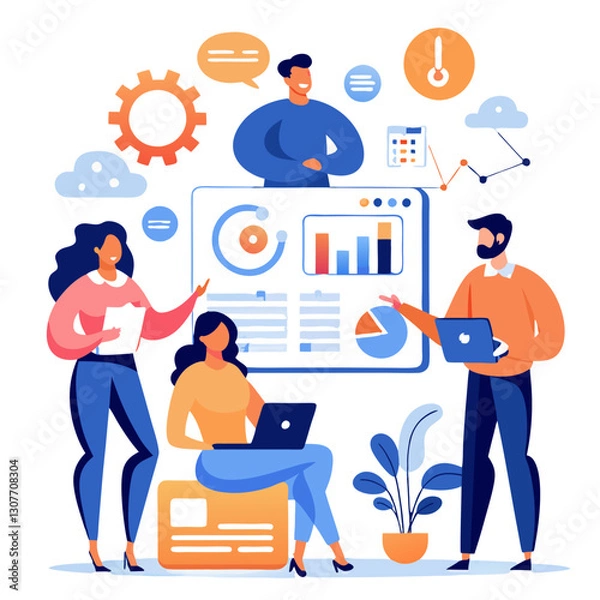 Fototapeta A dynamic customer support team engages in collaborative discussions using laptops and digital resources, focusing on improving service efficiency and client interaction