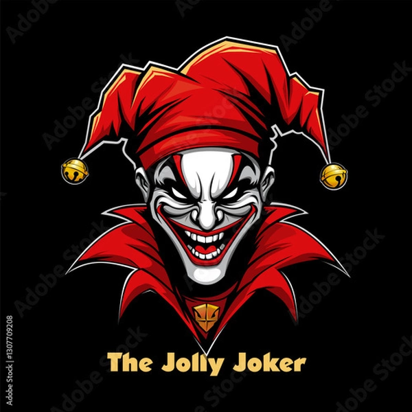 Fototapeta Evil jester with a sinister grin, wearing a red hat with bells. The Jolly Joker, dark and gothic style vector illustration