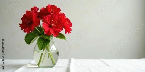 Obraz Geranium flowers in a vase on white tablecloth, flowers, vase, red